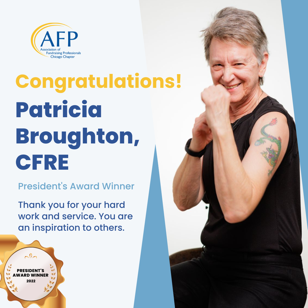Announcement congratulating Presidents award recipient Patricia Broughton who is sitting on a stool with her hands raised in the air like a prize fighter